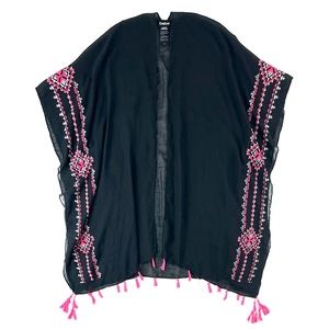 Bebe Embroidered Print Pink Tassel Black Kimono